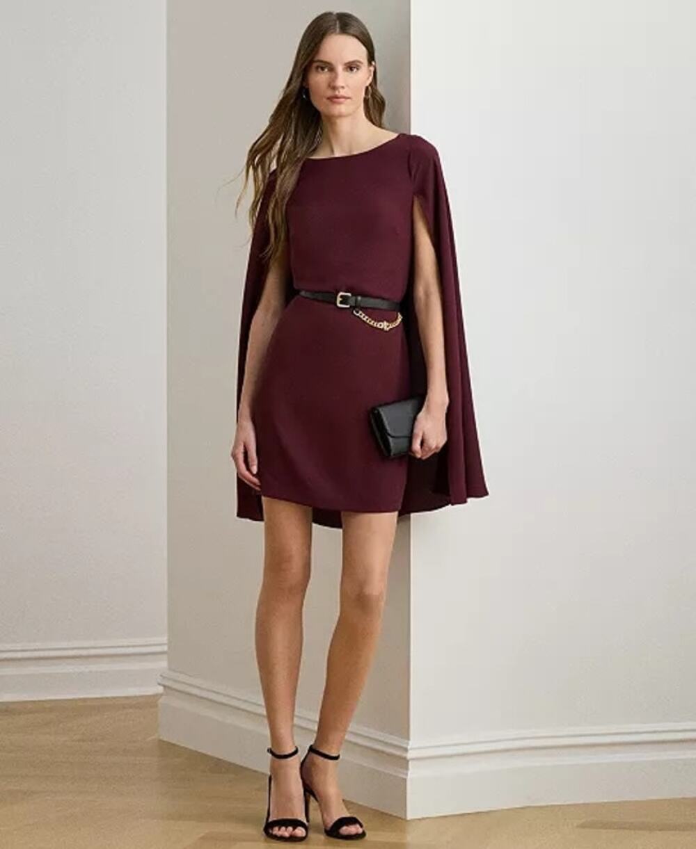 New Lauren Ralph Lauren Caped Crew Neck Cocktail Dress $195 SIZE 8 Dark Garnet